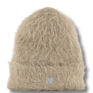 Beige fuzzy knit beanie with a heart emblem on a white background