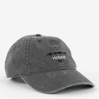 Gray baseball cap with text on a white background