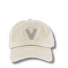 ladies beige baseball cap with embroidered v on front