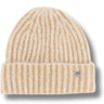 A cream and beige vertically ribbed knit beanie hat with a small white brand label on the side, shown against a plain white background.