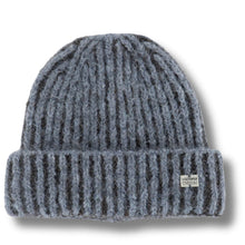 A gray ribbed knit beanie hat with a small white brand label on the cuff, shown against a plain white background.