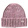 A pink and dark brown vertically striped knit beanie hat with a folded cuff, featuring a small white 'victoria' brand label on the side, set against a plain white background.