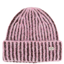 A pink and dark brown vertically striped knit beanie hat with a folded cuff, featuring a small white 'victoria' brand label on the side, set against a plain white background.