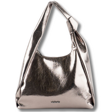 Metallic silver handbag on a white background