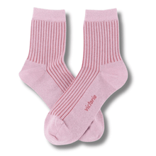 ladies pink ribbed socks with victoria logo