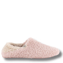 A single light pink fuzzy slip-on slipper shown in side profile against a white background.