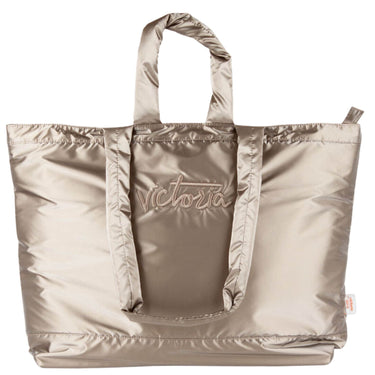 Beige tote bag with 'Victoria' branding on a white background