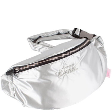 Silver waist bag with 'Victoria' branding on a white background