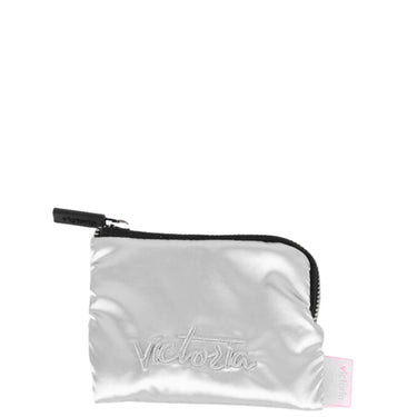 Silver pouch with black zipper and 'Victoria' branding on a white background