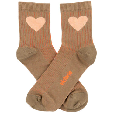 Pair of brown socks with pink hearts on a white background