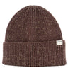 Brown knit beanie with a visible brand label on a white background