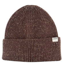 Brown knit beanie with a visible brand label on a white background
