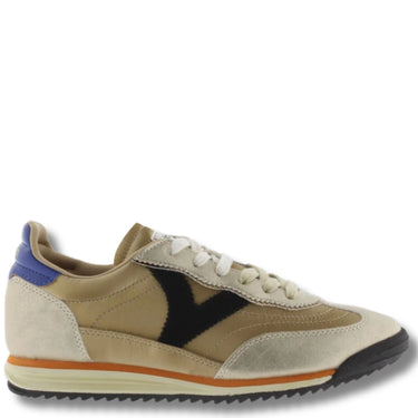 Beige sneaker with black and blue accents on a white background