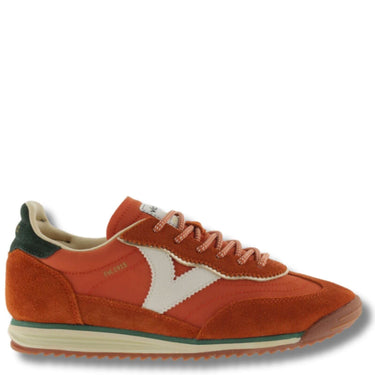 Orange sneaker with white accents on a white background