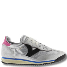 Gray sneaker with pink and black accents on a white background