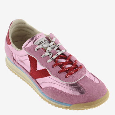 ladies pink and red sneakers with double laces