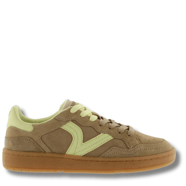 ladies taupe suede sneakers with lime v on side