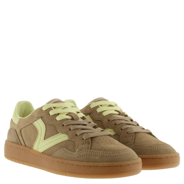 ladies taupe suede sneakers with lime v on side and double laces