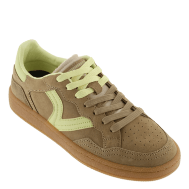 ladies taupe suede sneakers with lime v on side