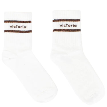 Two white socks with brown stripes and 'victoria' branding on a white background