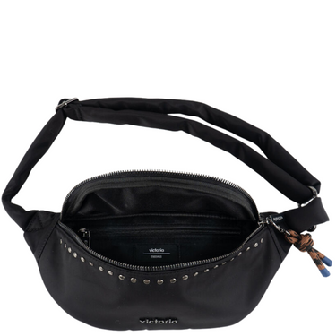 Black waist bag with studded details on a white background