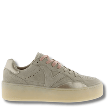 ladies neutral suede sneakers with elevated sole and double lades