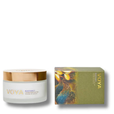 VOYA Buotanct Light Body Butter jar in white with a metallic gold lid, shown next to its olive green and gold illustrated packaging box on a white background.