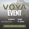 Promotional flyer for a Voya event with a blurred background and text details.