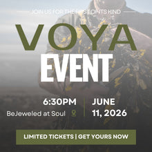 Promotional flyer for a Voya event with a blurred background and text details.