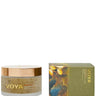 VOYA Sugar Scrub in a frosted glass jar with a metallic rose gold lid, shown next to its olive green and gold illustrated packaging box on a white background.