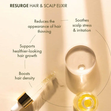 Hair and scalp elixir product with dropper and bottle on a beige background, featuring text about its benefits.