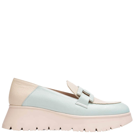 Wonders Powder Blue & Putty Leather Slip On Wedge Shoes