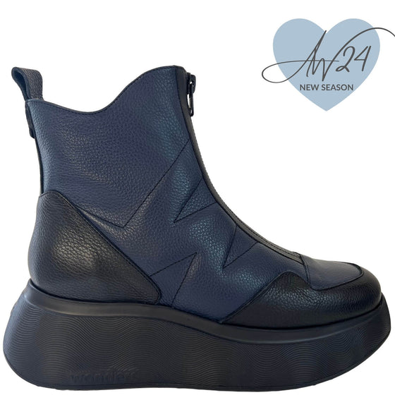 Wonders Black & Navy Leather Front Zip Sneaker Boots