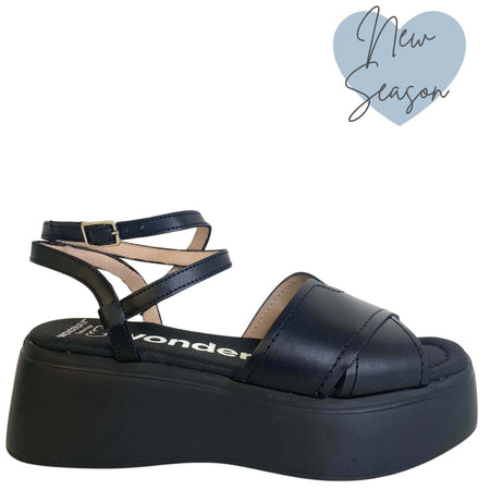 Wonders Black Ankle Leather Strap Elevated Sole Sandals