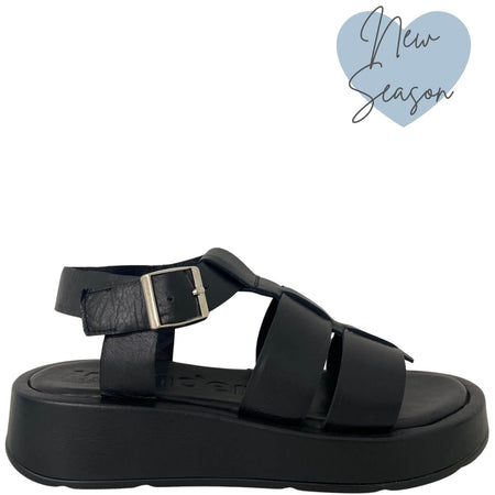 Wonders Black Leather Gladiator Flat Sandals