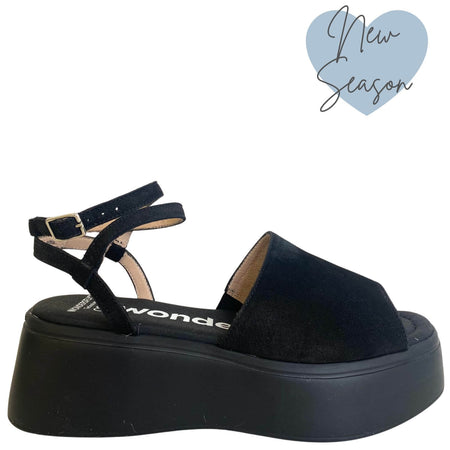 Wonders Black Nubuck Leather Ankle Strap Flatform Sole Sandals