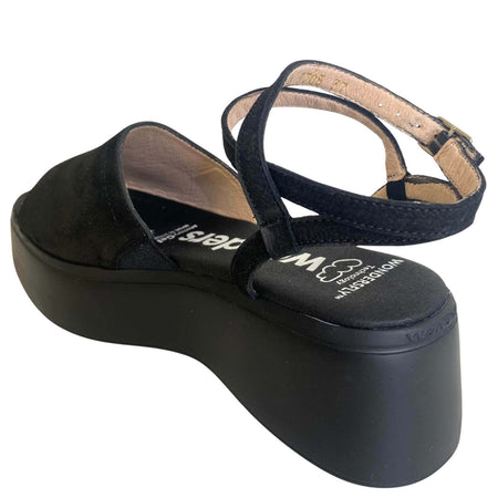 Wonders Black Nubuck Leather Ankle Strap Flatform Sole Sandals