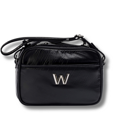 Black handbag with a silver 'W' logo on a white background