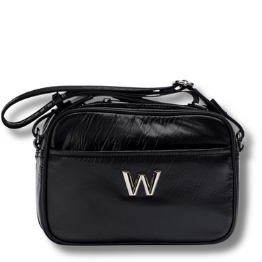 Black handbag with a silver 'W' logo on a white background