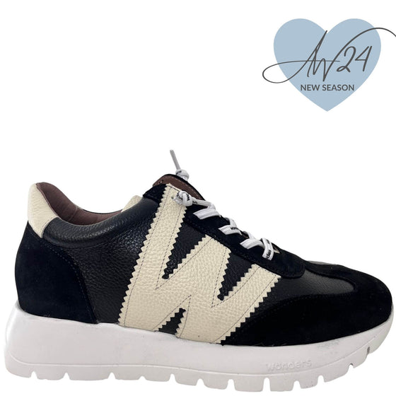 Wonders Black & Off White Suede Leather Sneakers