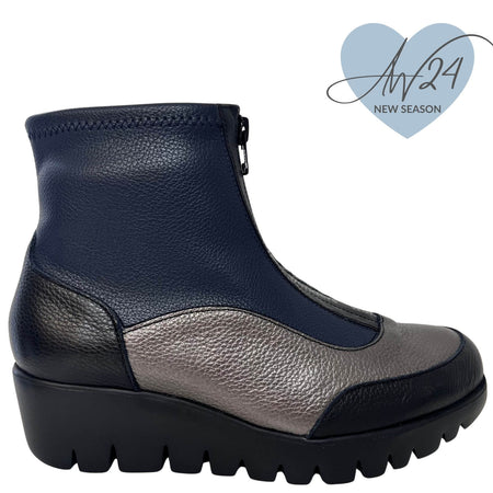 Wonders Black, Pewter & Navy Leather Front Zip Wedge Boots