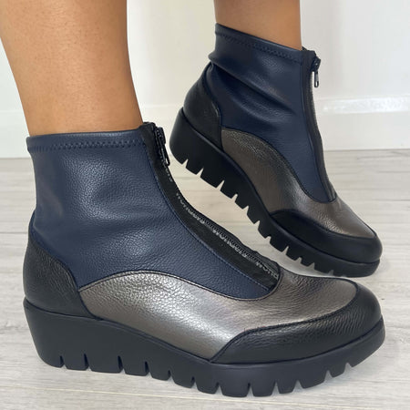 Wonders Black, Pewter & Navy Leather Front Zip Wedge Boots