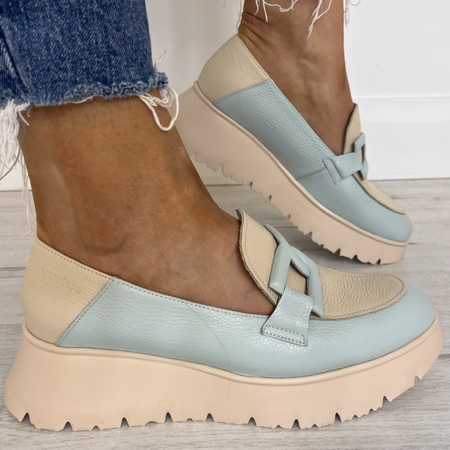 Wonders Powder Blue & Putty Leather Slip On Wedge Shoes