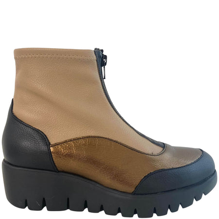 Wonders Bronze Leather Front Zip Wedge Boots