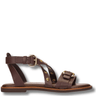 Brown sandal with gold accents on a white background