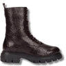 A dark brown snakeskin-textured lace-up boot with a chunky black lug sole, shown from a side profile on a white background.
