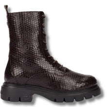 A dark brown snakeskin-textured lace-up boot with a chunky black lug sole, shown from a side profile on a white background.
