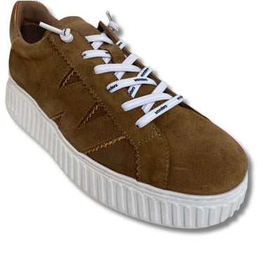 Brown suede sneaker with white laces on a white background