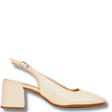 Beige sandal with a block heel on a white background