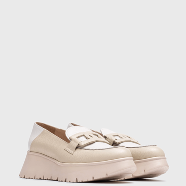Wonders Cream & White Leather Slip On Wedge Shoes